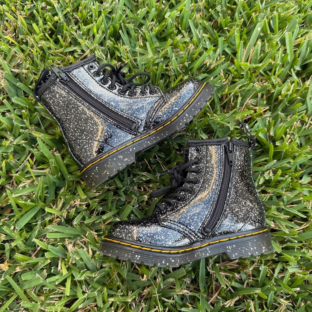 Dr. Martens Black and Silver Glitter Zip Up And Lace Combat Boots Size Toddler 9